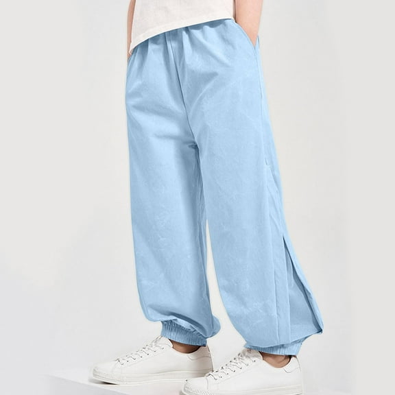 ITSAME Girls Sweatpants, Summer Breathable Thin Solid Color Tapered Pants with Pockets Blue 11T