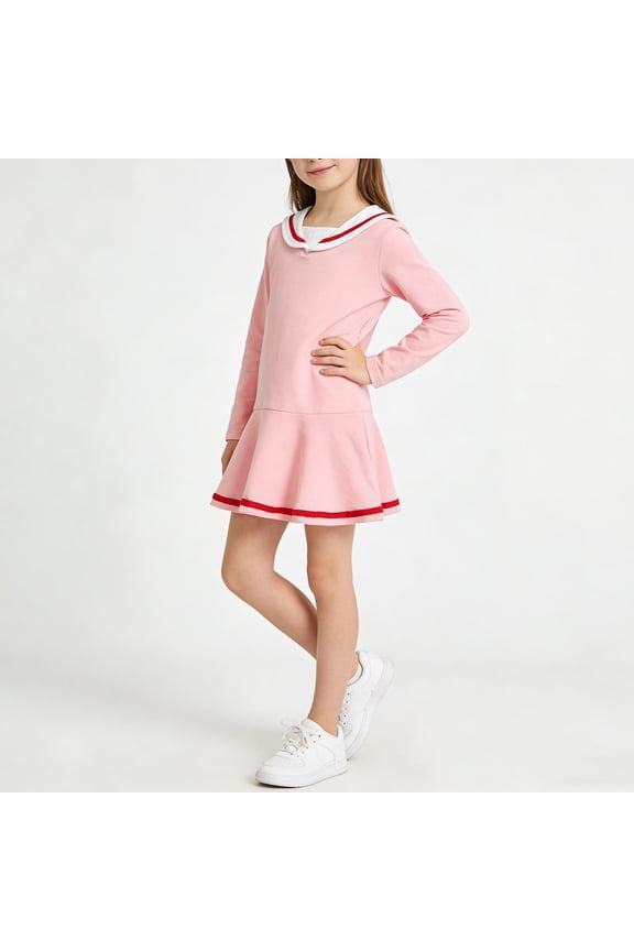 Girls Sweatshirt Dress, Ruffle Turndown Collar Long Sleeve Casual Dresses Pink 3-4T