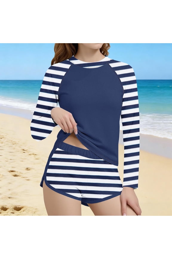 Girls Swimwear Set, Sun Protection Striped Print Quick-Dry Kids Fashion Beach Swimsuit 2-Piece Multicolor 14-15T