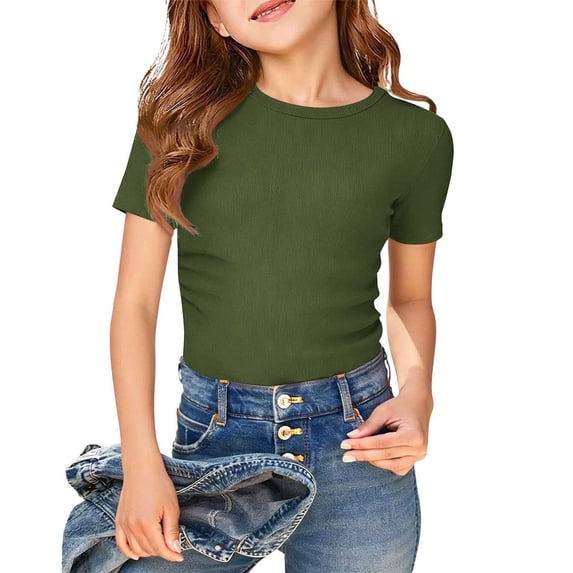 ITSAME Girls T-Shirt, Crewneck Ribbed Knit Short Sleeve Summer Fashion Casual Pullover Tops Green Size 7-8T
