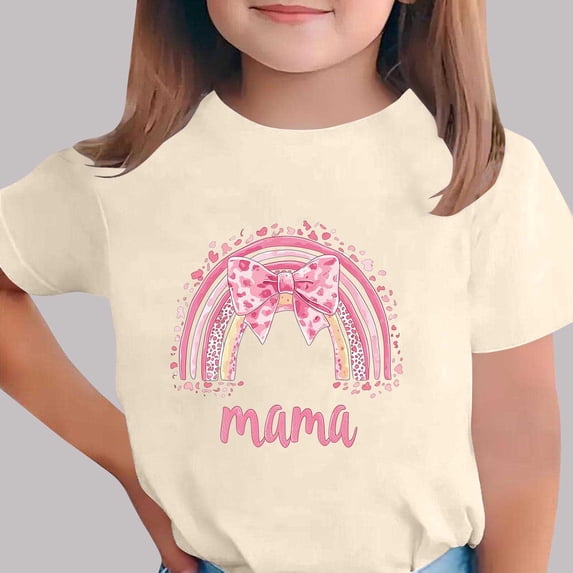 ITSAME Girls T-Shirt, Mother's Day Print Crewneck Short Sleeve Fashion Casual Tops for Kids Beige Size 12-13T