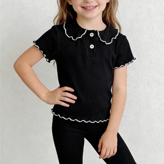 ITSAME Girls T-Shirts, Lapel Lightweight Ruffle Short Sleeve Summer Fashion Casual Shirts for Kids Black Size 7-8T