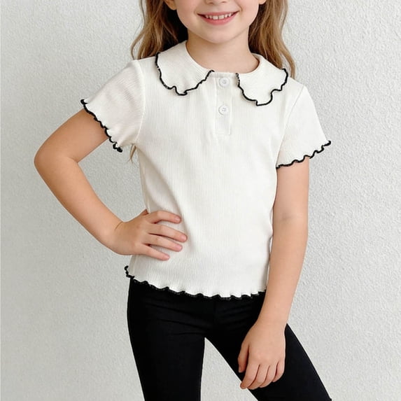 ITSAME Girls T-Shirts, Lapel Short Sleeve Lightweight Ruffle Summer Fashion Casual Shirts for Kids White Size 7-8T