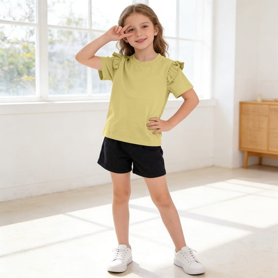 ITSAME Girls T-Shirts, Ruffled Short Sleeve Cotton Crewneck Summer Casual Fashion Comfortable Tops Yellow Size 8T
