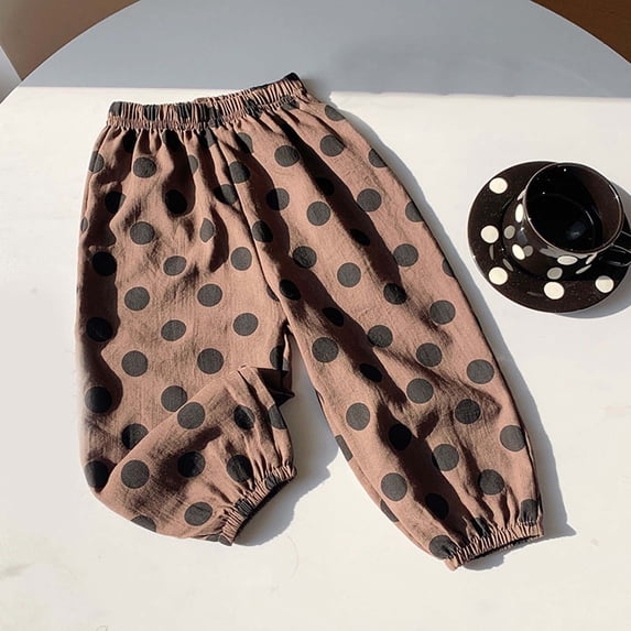 ITSAME Girls Tapered Pants, Loose Fit Elastic Waist Polka Dot Print Summer Casual Lantern Pants Brown Size 2