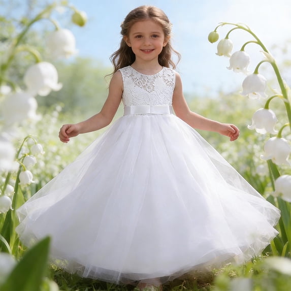 ITSAME Girls Tutu Dress, Puffy Tulle Round Neck Waist-Cinching Kids Wedding Party Pageant Gown White 15-16T