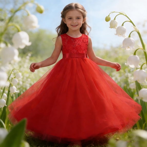 ITSAME Girls Tutu Dress, Puffy Tulle Waist-Cinching Round Neck Kids Wedding Party Pageant Gown Red 11-12T