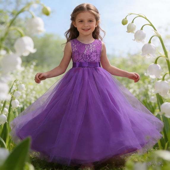 ITSAME Girls Tutu Dress, Round Neck Waist-Cinching Puffy Tulle Kids Wedding Party Pageant Gown Purple 7-8T