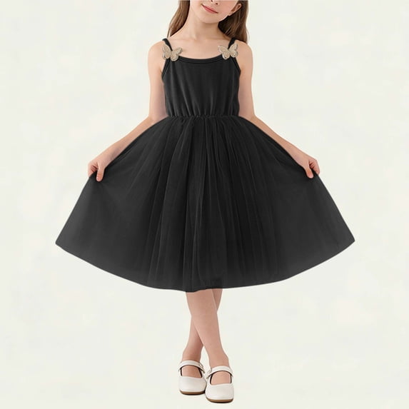 ITSAME Girls Tutu Dress, Sleeveless Waist-Cinching Puffy Tulle Summer Casual Fashion Slip Dress Black 5-6T