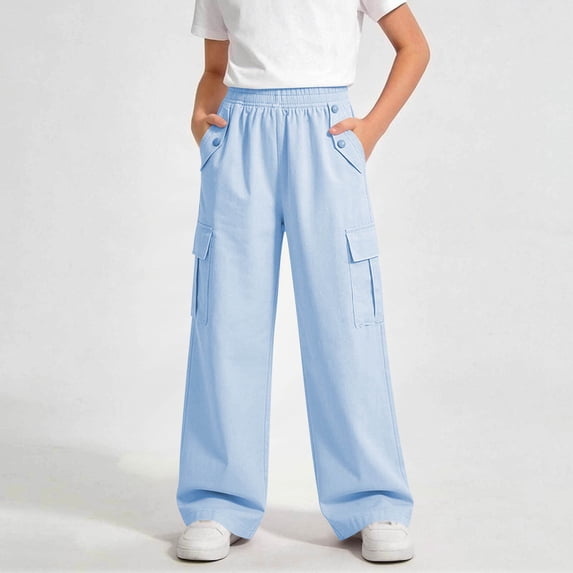 ITSAME Girls Wide Leg Cargo Pants Elastic Waist Multi-Pocket Loose Fit Kids Full Length Casual Pants Blue Size 13-14