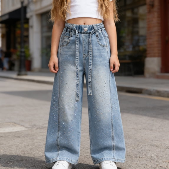 ITSAME Girls Wide Leg Jeans, with Pockets Elastic Waist Glitter Rhinestone Loose Casual Denim Pants Blue Size 4