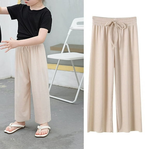 ITSAME Girls Wide Leg Pants, Drawstring Thin Loose Ice Silk Comfortable Casual Sweatpants Khaki 13-14T