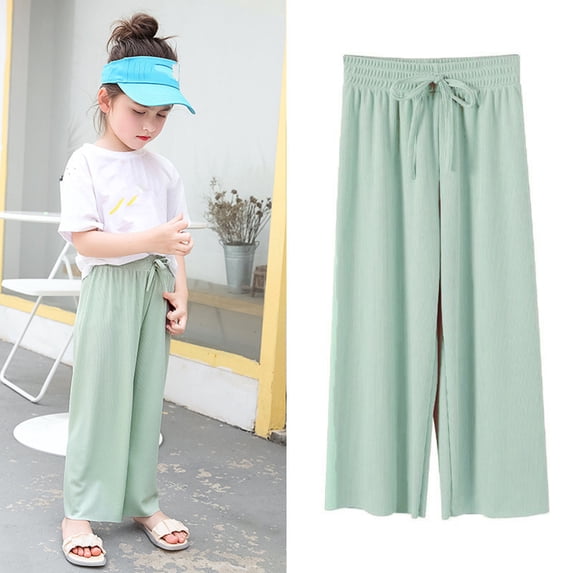 ITSAME Girls Wide Leg Pants, Ice Silk Drawstring Thin Loose Comfortable Casual Sweatpants Green 13-14T