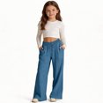 thumbnail image 1 of ITSAME Girls Wide Leg Pants, Loose Fit Cotton Linen Elastic Waist Kids Casual Pants with Pockets Blue Size 3-4, 1 of 7