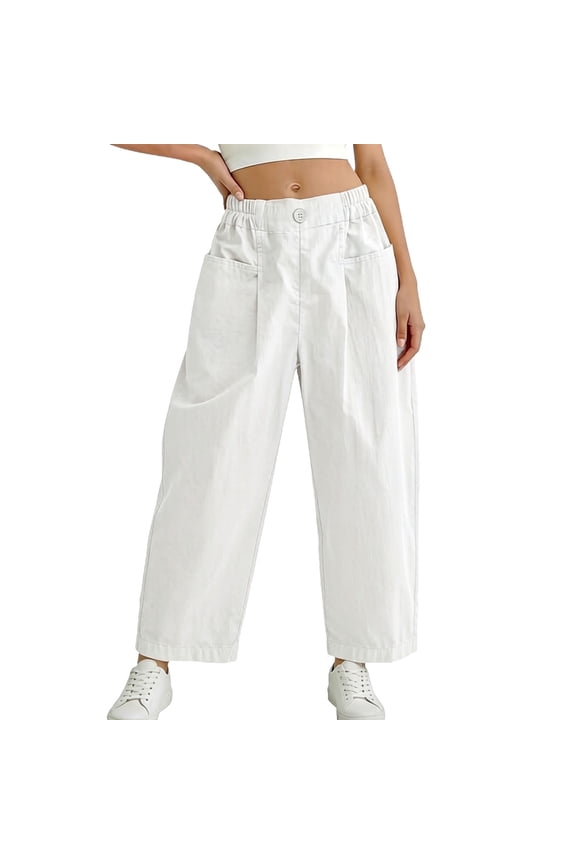 Girls Wide Leg Pants, Loose Fit High Waist Thin Comfort Summer Casual Pants with Pockets Beige Size 1-2