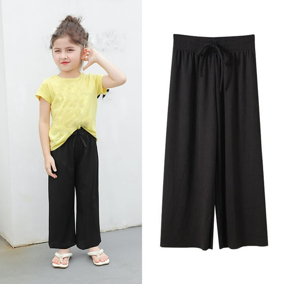 ITSAME Girls Wide Leg Pants, Thin Loose Drawstring Ice Silk Comfortable Casual Sweatpants Black 4-5T