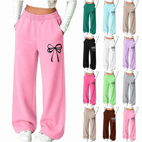 ITSAME Girls Wide Leg Sweatpants Bow Print High Waisted Loose Fit Fall Winter Casual Trousers with Pockets Size 11