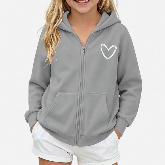 ITSAME Girls Zip Up Hoodie Heart Print Fleece-Lined Long Sleeve Loose Casual Hooded Sweatshirt with Pockets Size 5T