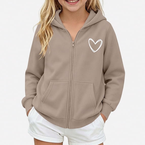 ITSAME Girls Zip Up Hoodie Heart Print Fleece-Lined Long Sleeve Loose Casual Hooded Sweatshirt with Pockets Size 9