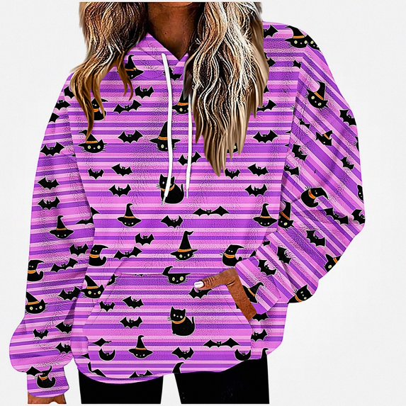 ITSAME Halloween Women's Hoodie with Pocket Fashion Print Long Sleeve Fleece Pullover Loose Comfy Sweatshirt Size L