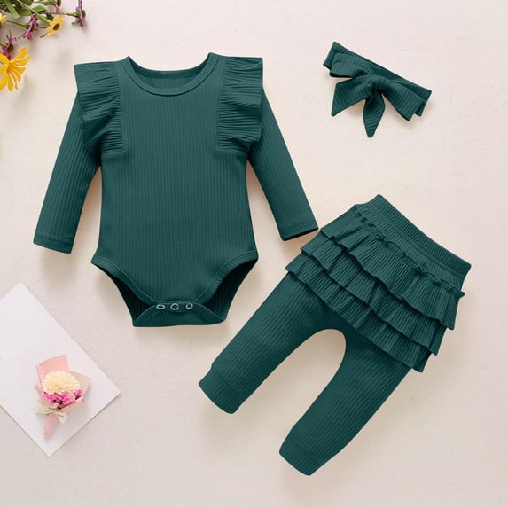 ITSAME Infant Girls Outfit 3-Piece, Crewneck Ruffled Top and Long Pants with Headband Comfortable Trendy Casual Set Green 6-12M