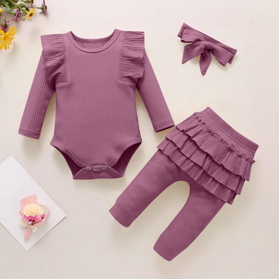 ITSAME Infant Girls Outfit 3-Piece, with Headband Crewneck Ruffled Top and Long Pants Comfortable Trendy Casual Set Red 18-24M