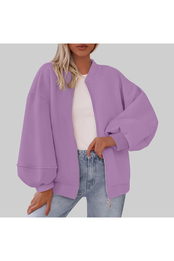 Jackets for Womens, Loose Active Fit Zipper with Pockets Fashion Causal Bomber Outwear Purple M