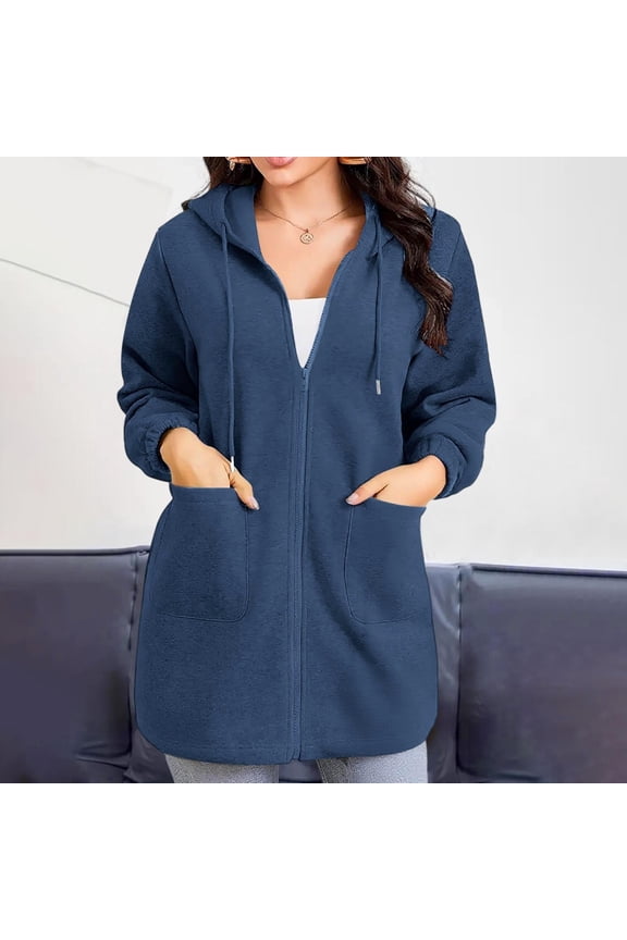 Jackets for Womens, Loose Casual Mid-Length Zip Up Hoodie Sweatshirt Outwear with Pockets Blue S