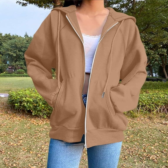 ITSAME Jackets for Womens, Loose Fit with Pockets Zip Up Drawstring Hooded Sweatshirt Outwear Khaki XL
