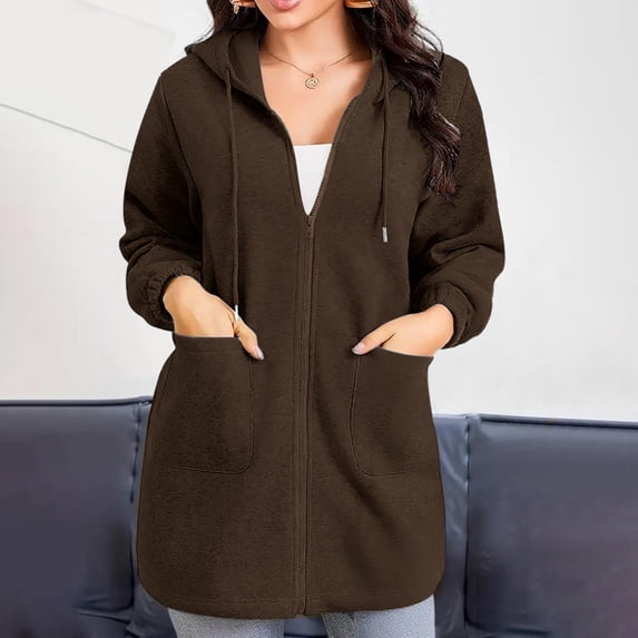 ITSAME Jackets for Womens, Mid-Length Loose Casual Zip Up Hoodie Sweatshirt Outwear with Pockets Coffee XL