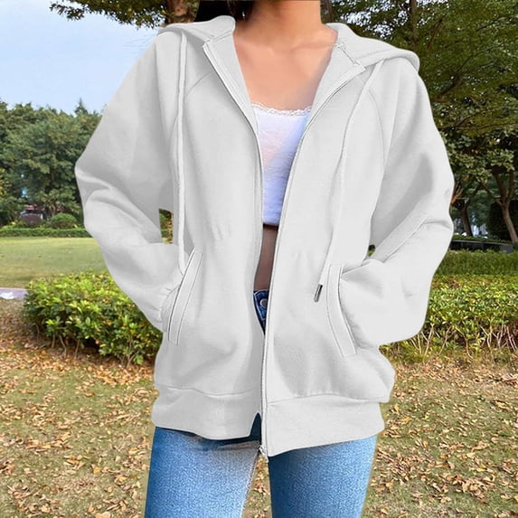 ITSAME Jackets for Womens, Zip Up with Pockets Loose Fit Drawstring Hooded Sweatshirt Outwear White L