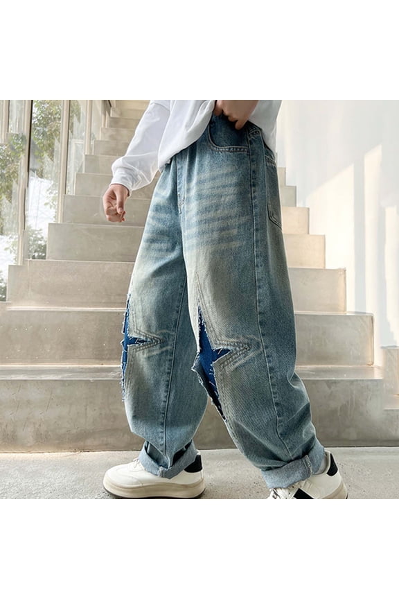 Jeans for Boys, Elastic Waist Hole Broken Loose Fit Kids Fashion Casual Denim Pants with Pockets Light Blue 10-11T