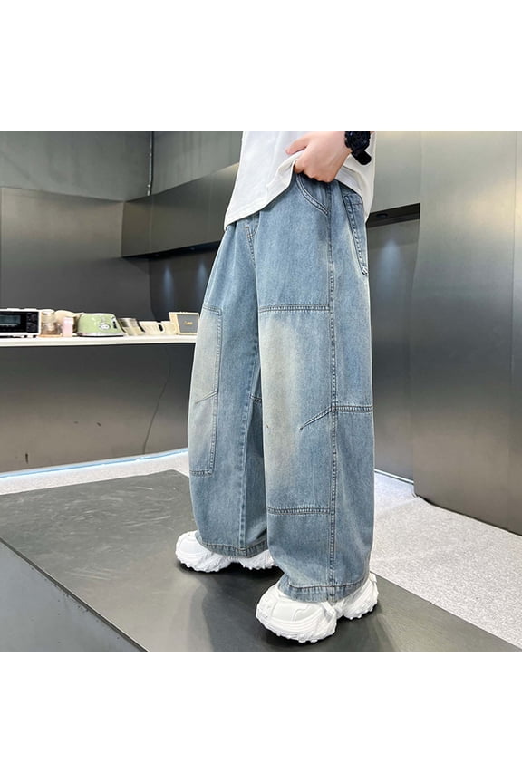 Jeans for Boys, Straight Leg Elastic Waist Loose Fit Kids Casual Fashion Denim Pants with Pockets Light Blue 8-9T