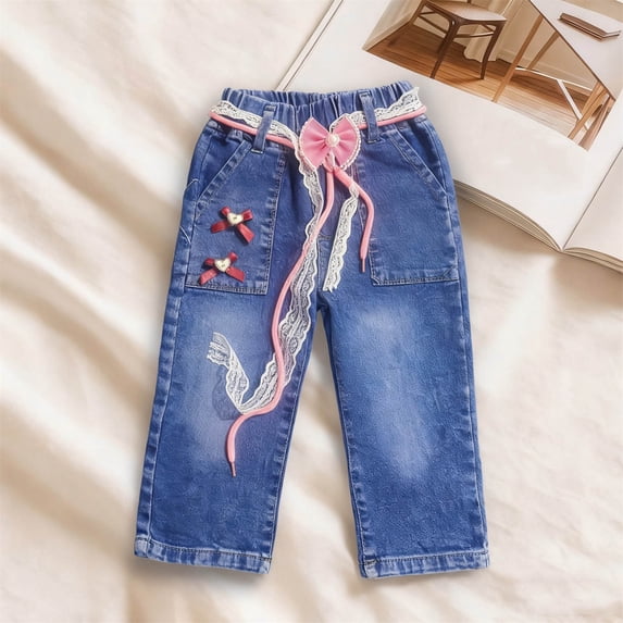 ITSAME Jeans for Girls, Sweet Bowknot Drawstring Elastic Waist Casual Fashion Wide Leg Denim Pants Blue 5-6T