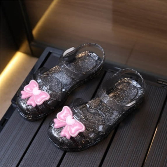 ITSAME Jelly Sandals for Girls, Non-Slip Cute Bow Ankle Strap Kids Fashion Princess Beach Shoes Black 11.5M(Little Kids)