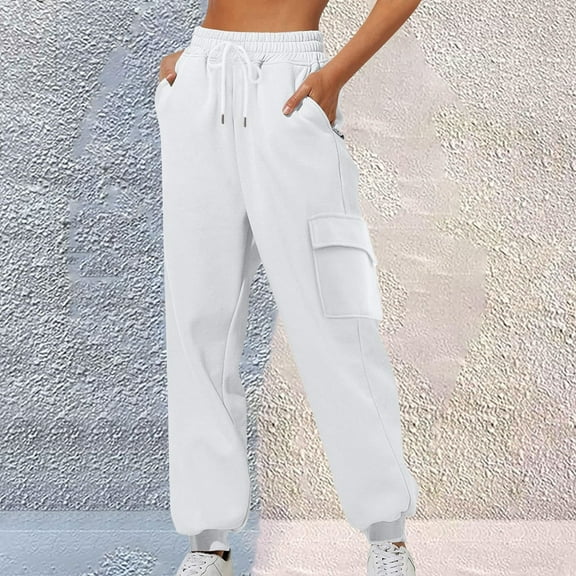 ITSAME Joggers for Womens, Drawstring Running Tapered Pants Multi-Pockets Workout Sweatpants White M