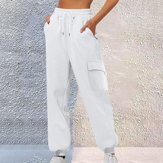 ITSAME Joggers for Womens, Running Tapered Pants Multi-Pockets Drawstring Workout Sweatpants White L