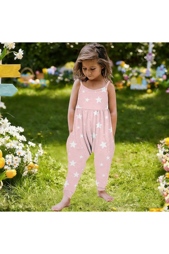 Jumpsuit for Toddler Girls, Star Print Loose Fit Spaghetti Strap Summer Casual Lightweight Romper Pink 3T