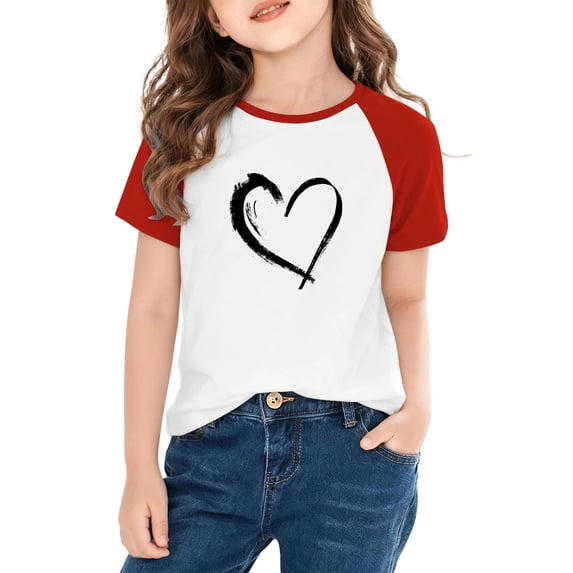 ITSAME Kids Boys Girls T-Shirts, Loose Fit Heart Graphic Crewneck Valentine's Day T-Shirts Red 9T