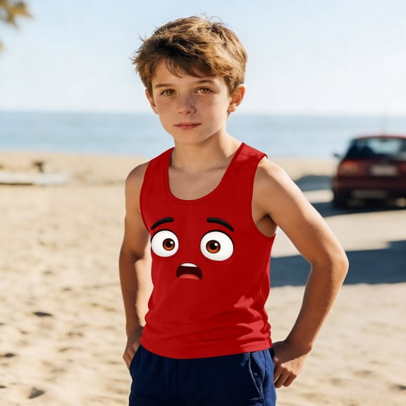 ITSAME Kids Boys Tank Tops, Round Neck Active Fit Funny Face Print Summer Stylish Casual Sleeveless Shirt Red 6T