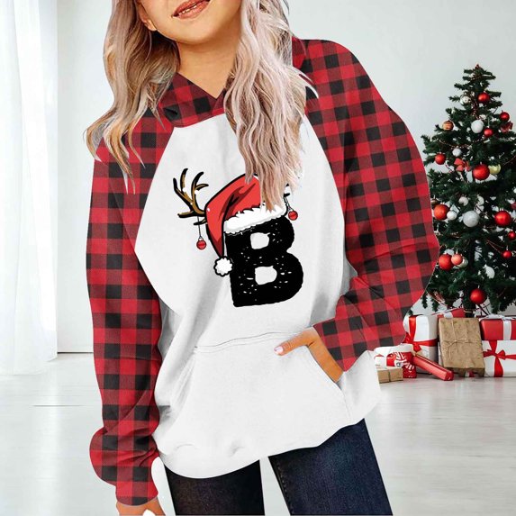 ITSAME Kids Christmas Hoodie, Xmas Graphic Plaid Long Sleeve with Pocket Boys Girls Holiday Hooded Sweatshirt Red 7T