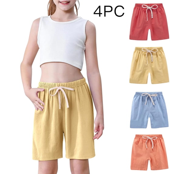 ITSAME Kids Girls Athletic Shorts, Drawstring Lightweight Breathable Cotton Linen Summer Casual Fashion Shorts 4-Pack Yellow 11T