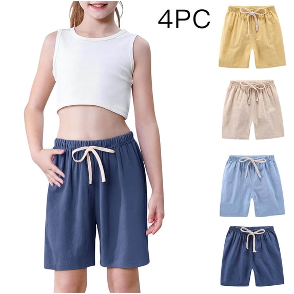 ITSAME Kids Girls Casual Shorts, Elastic Waist Cotton Linen Loose Fit Summer Athletic Performance Shorts 4-Piece Yellow 3T