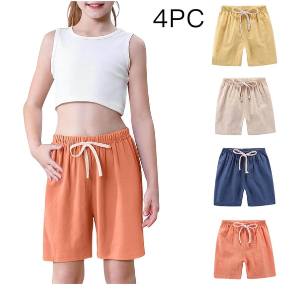 ITSAME Kids Girls Cotton Linen Shorts, Loose Fit Elastic Waist Breathable Comfortable Summer Athletic Casual Shorts 4-Piece Yellow 5T