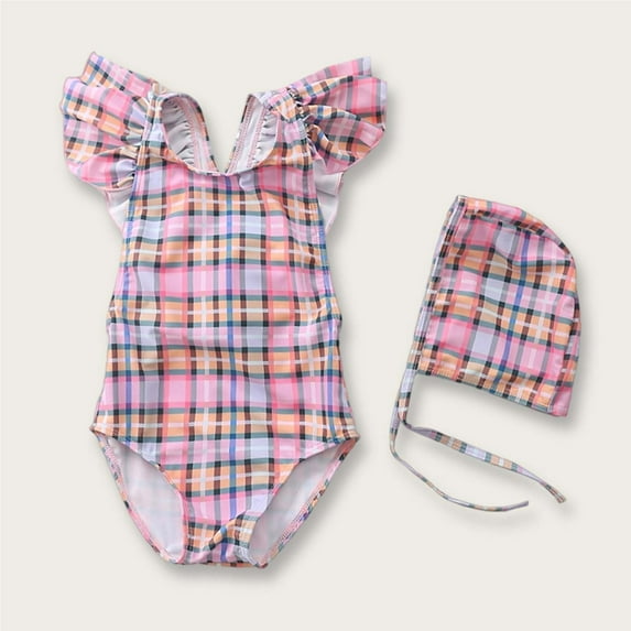 ITSAME Kids Girls One-Piece Swimwear, Ruffle Sleeve Checkered Print Quick-Dry Summer Beach Bathing Suit with Swim Cap Multicolor 2-3T