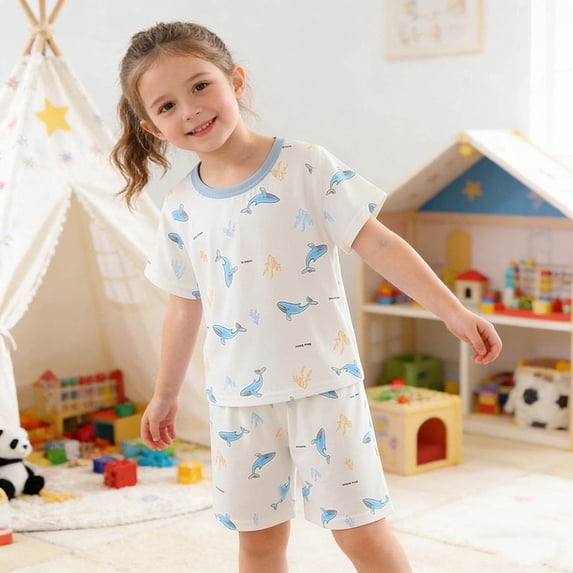 ITSAME Kids Girls Outfits 2-Piece, Printed Crewneck T-Shirts and Shorts Cotton Comfort Home Clothes Set Beige Size 6