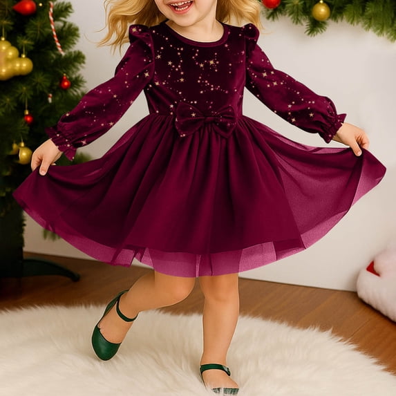 ITSAME Kids Girls Princess Dress, Long Sleeve Round Neck Glitter Fashion Tutu Party Dresses Red 5-6T