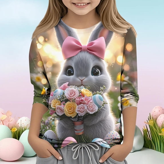 ITSAME Kids Girls T-Shirts, Easter Bunny Print 3/4 Sleeve Crewneck Festival Casual Comfortable Tops Multicolor 12-13T