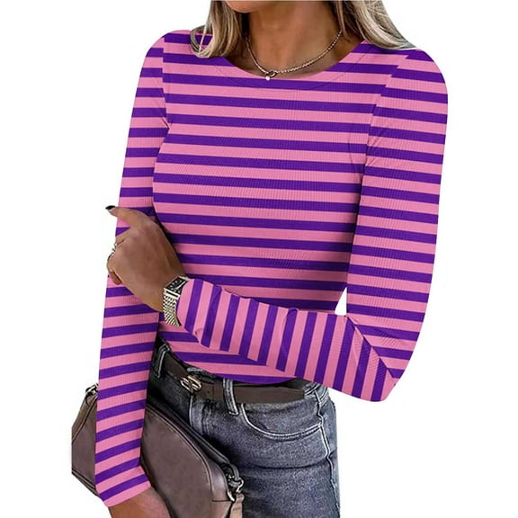 ITSAME Long Sleeve Shirts for Womens, Crew Neck Stretch Fashion Striped Casual Pullover Tops Purple L