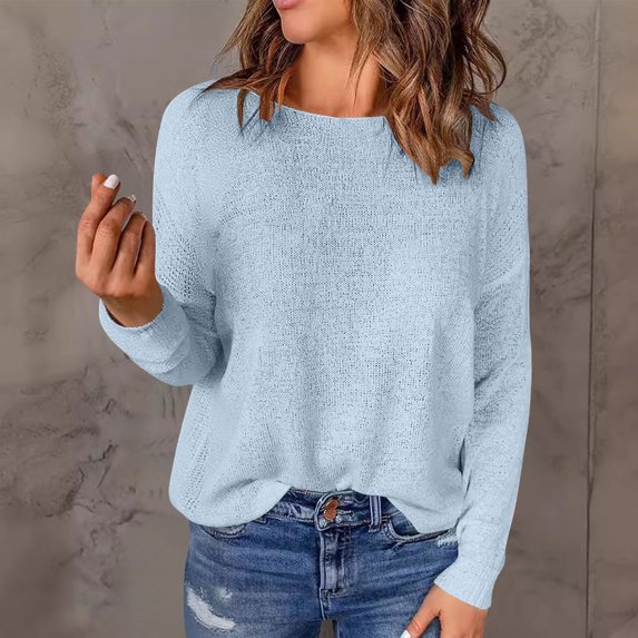 ITSAME Long Sleeve Shirts for Womens, Fashion Lightweight Crewneck Loose Fit Casual Pullover Tops Sky Blue M